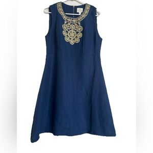 Julie Brown Adam Navy Blue Gold Embellished Sleeveless Dress size 8 NWOT